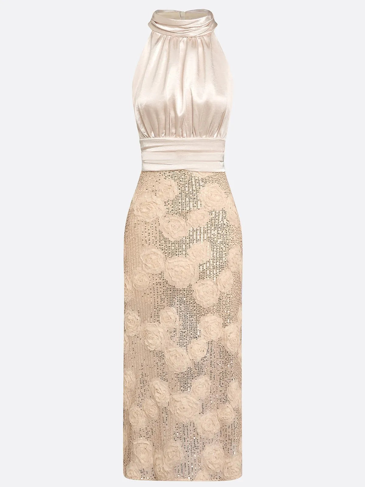 Champagne 3D Floral Glitter Classic Mock Neck Sleeveless Midi Dress