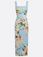 Light Blue Floral Satin Square Neck Sleeveless Sheath Midi Dress
