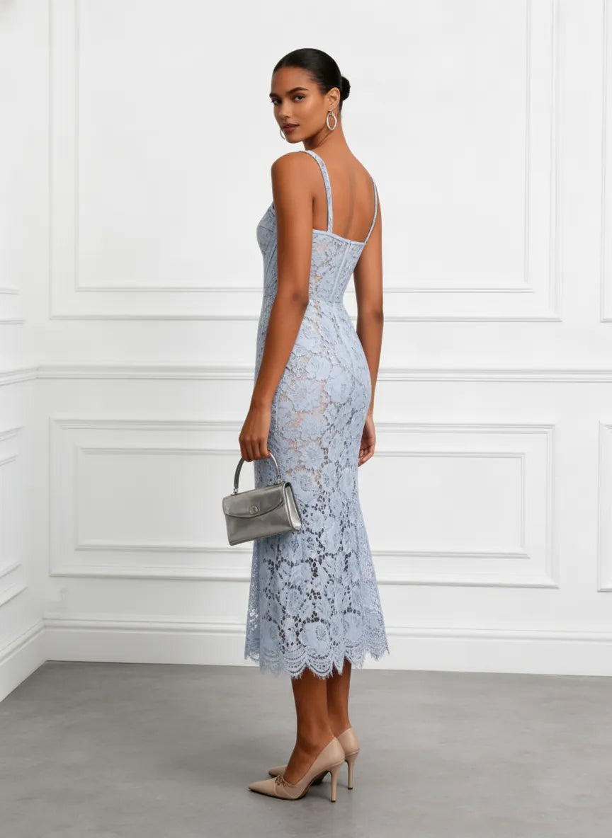 Light Blue Lace Sweetheart Neckline Sleeveless Mermaid Midi Dress