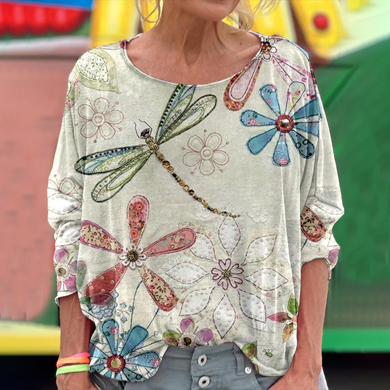 Women's Floral And Dragonfly Art Print Long Sleeve Tops