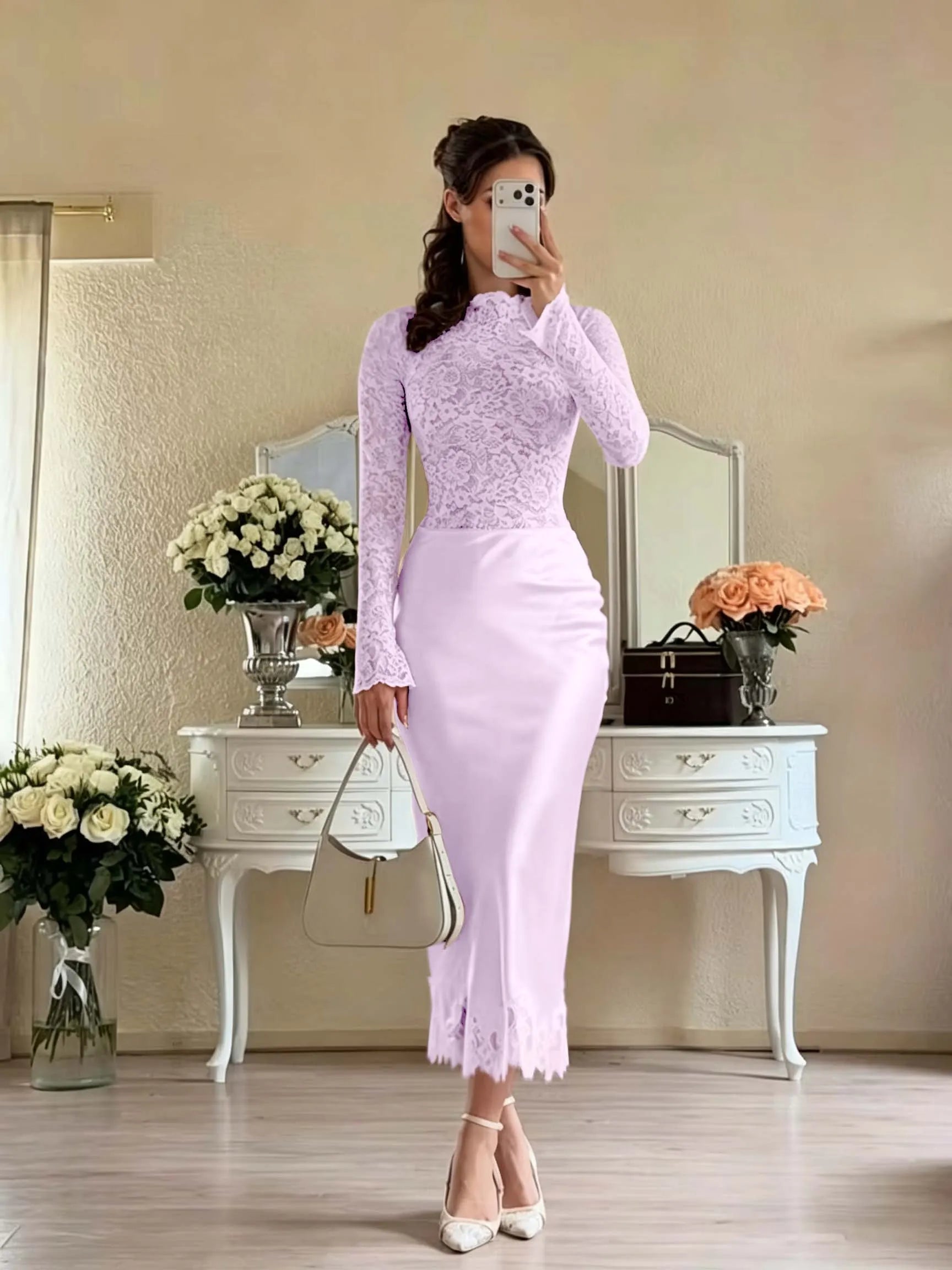 Cocoslly Long Sleeves High Waist Long Mermaid Prom Dress | White Lace And Satin JZ0165