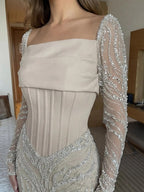 Cocoslly Square Neck Long Sleeves Pleated Long Mermaid Prom Dress With Lace Sequins Beaded Embroidery | Champage Satin CO0075