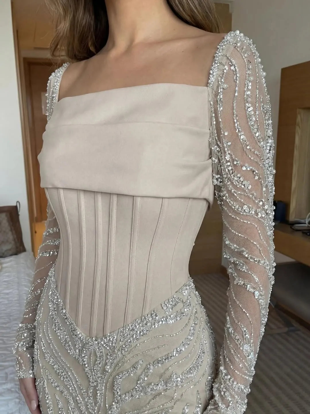 Cocoslly Square Neck Long Sleeves Pleated Long Mermaid Prom Dress With Lace Sequins Beaded Embroidery | Champage Satin CO0075