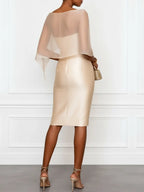 Champagne 3D Floral Mesh Satin Boat Neck Short Sleeve Sheath Midi Dress with Capelet