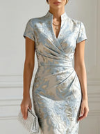 Light Blue Jacquard Classic V Neck Short Sleeve Mermaid Floor-length Gown Dress