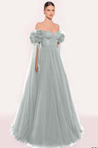 Tulle Off the Shoulder Sweetheart Long Prom Dress With Pleated WQ0206
