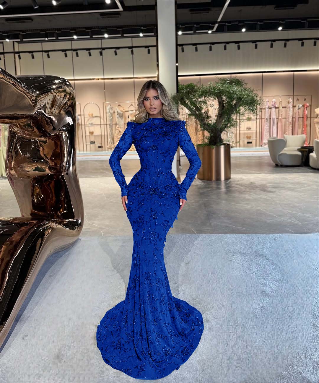 High Neck Long Sleeves Long Mermaid Prom Dress With Beading Pleated YK0512