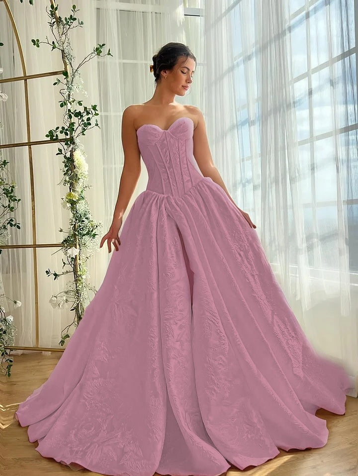 Satin V-Neck Strapless Sleeveless Long A-Line Prom Dress With Split And Pleated YK0614