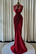 Cocoslly Halter Sleeveless High Waist Long Mermaid Prom Dress With Beading Pearls | Blush Champagne Satin JZ0163