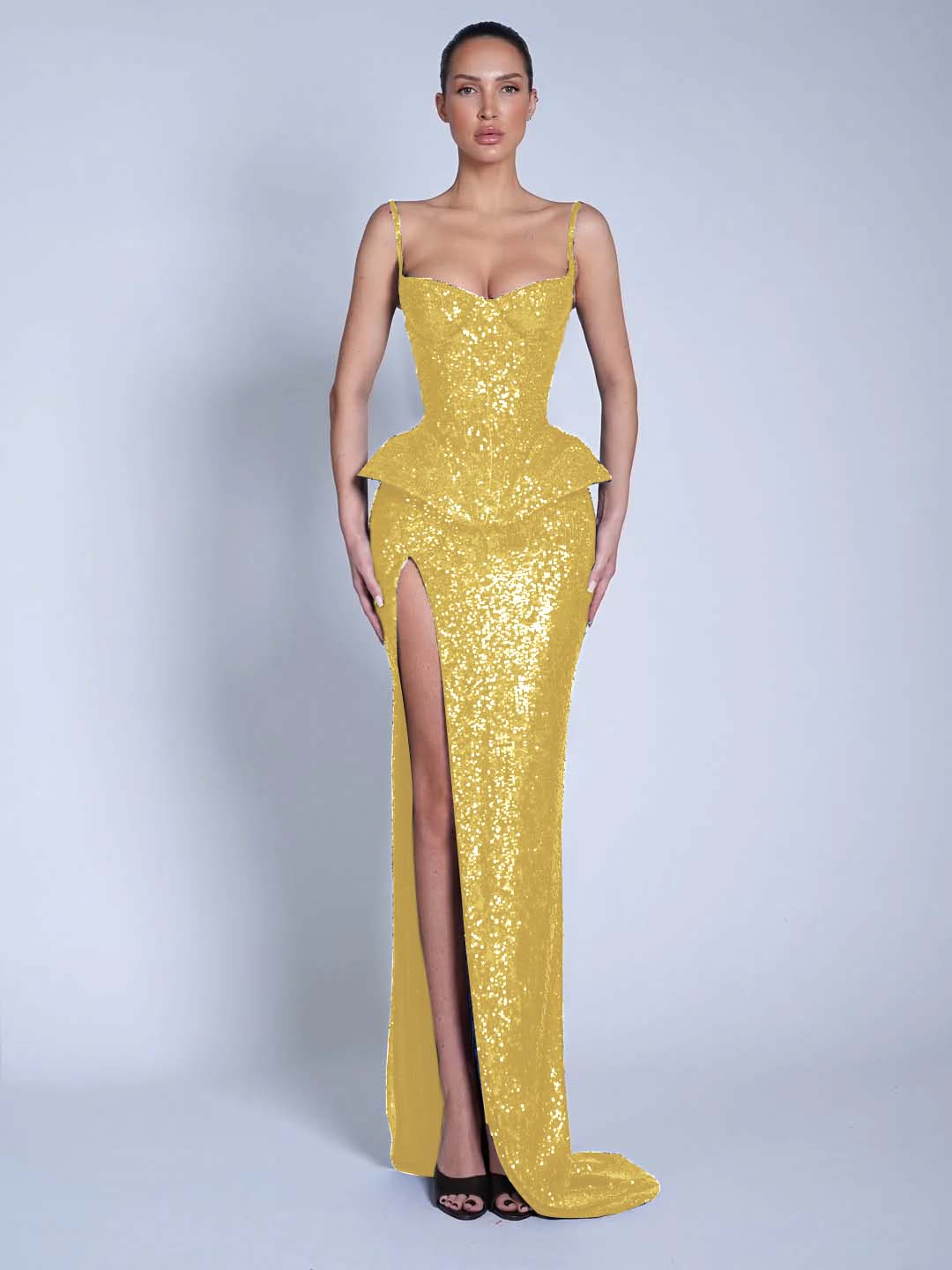 V-Neck Spaghetti Straps Sleeveless Long Mermaid Prom Dress With Split And Sequins YK0713