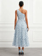Light Blue 3D Floral Classic One Shoulder Sleeveless A-Line Midi Dress