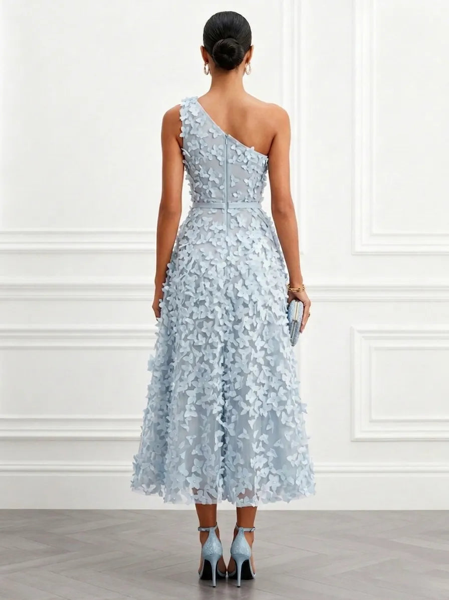 Light Blue 3D Floral Classic One Shoulder Sleeveless A-Line Midi Dress