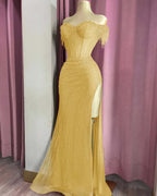 Off the Shoulder Sleeveless Long Split Prom Dress With Beading YK0161