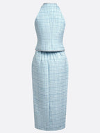 Women Blue Tweed Buckle Rhinestone Turtleneck Sleeveless Dressy Top With Skirt Two-Piece Set