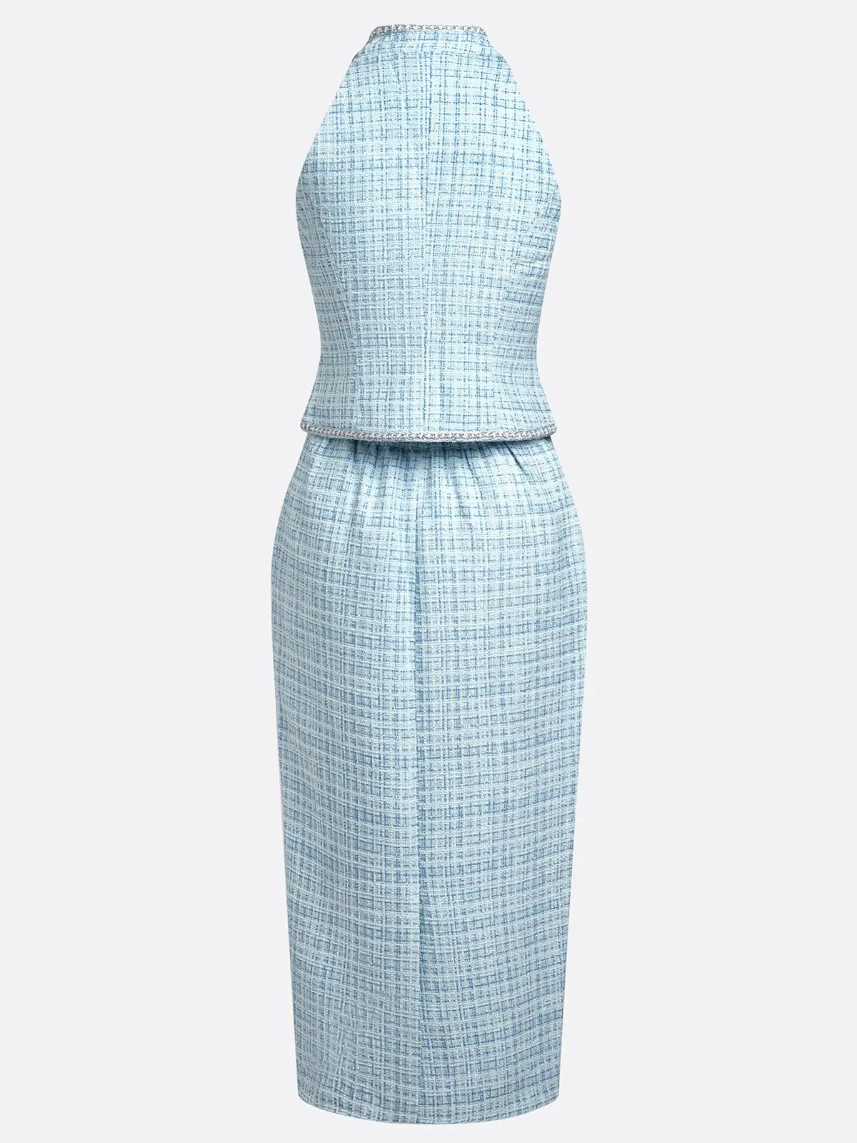 Women Blue Tweed Buckle Rhinestone Turtleneck Sleeveless Dressy Top With Skirt Two-Piece Set