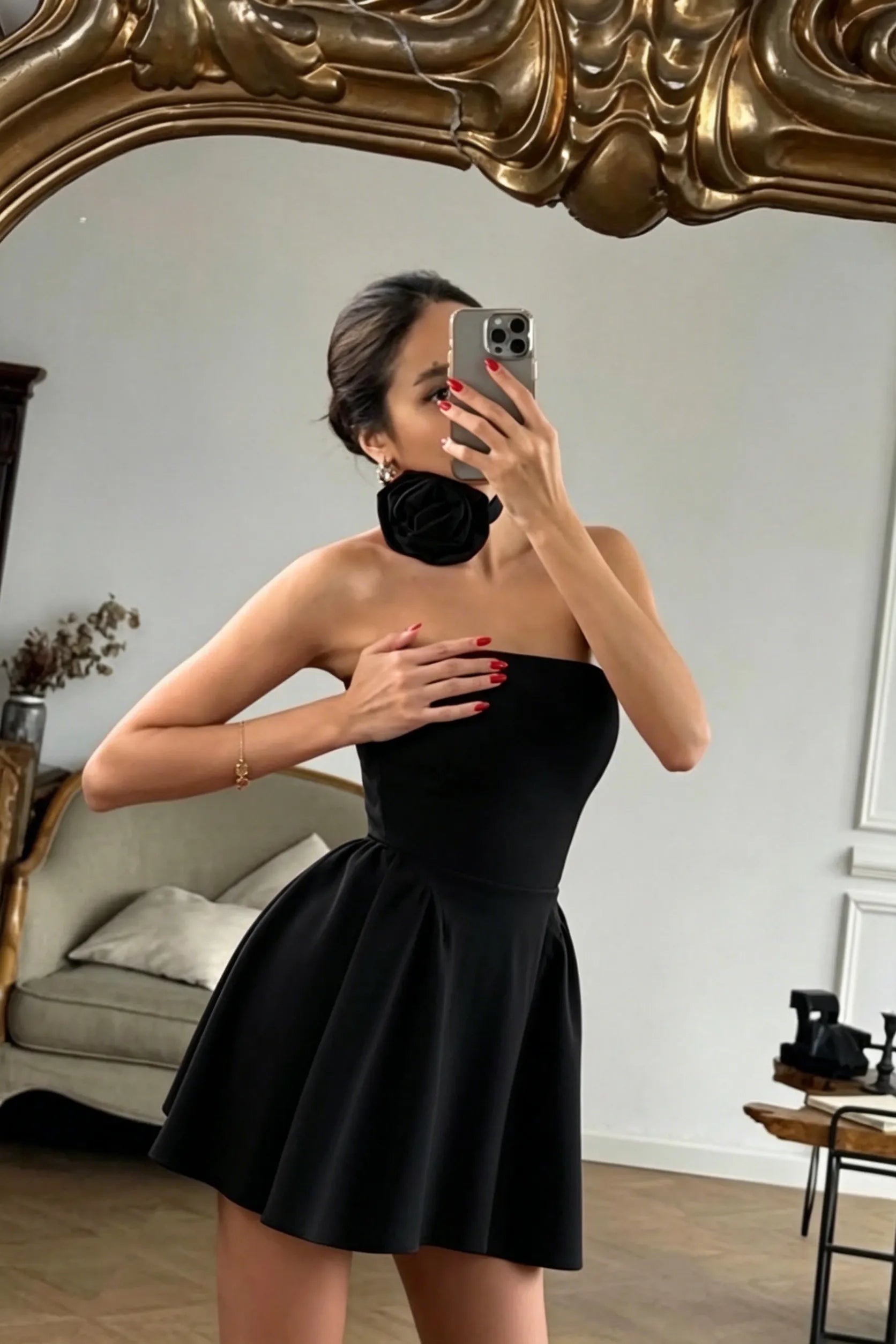 Cocoslly Strapless Sleeveless High Waist Short Prom Dress With Flower | Red Satin ZT0783