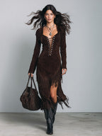 Elegant Vintage Chocolate-brown Faux Suede Fringe Midi Dress