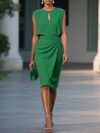 Black Ruched Cut Out Classic Crew Neck Cap Sleeve Sheath Midi Dress