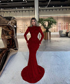 High Neck Long Sleeves Long Mermaid Prom Dress With Beading Pleated YK0512