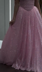 Cocoslly Strapless Sleeveless High Waist Long Prom Dress With Sequins | Pink Tulle CO0213