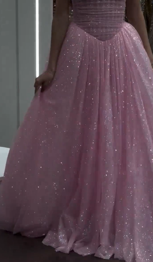 Cocoslly Strapless Sleeveless High Waist Long Prom Dress With Sequins | Pink Tulle CO0213