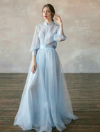 Cocoslly High Neck Long Sleeves High Waist Long Prom Dress | Blushing Pink Tulle LR0409