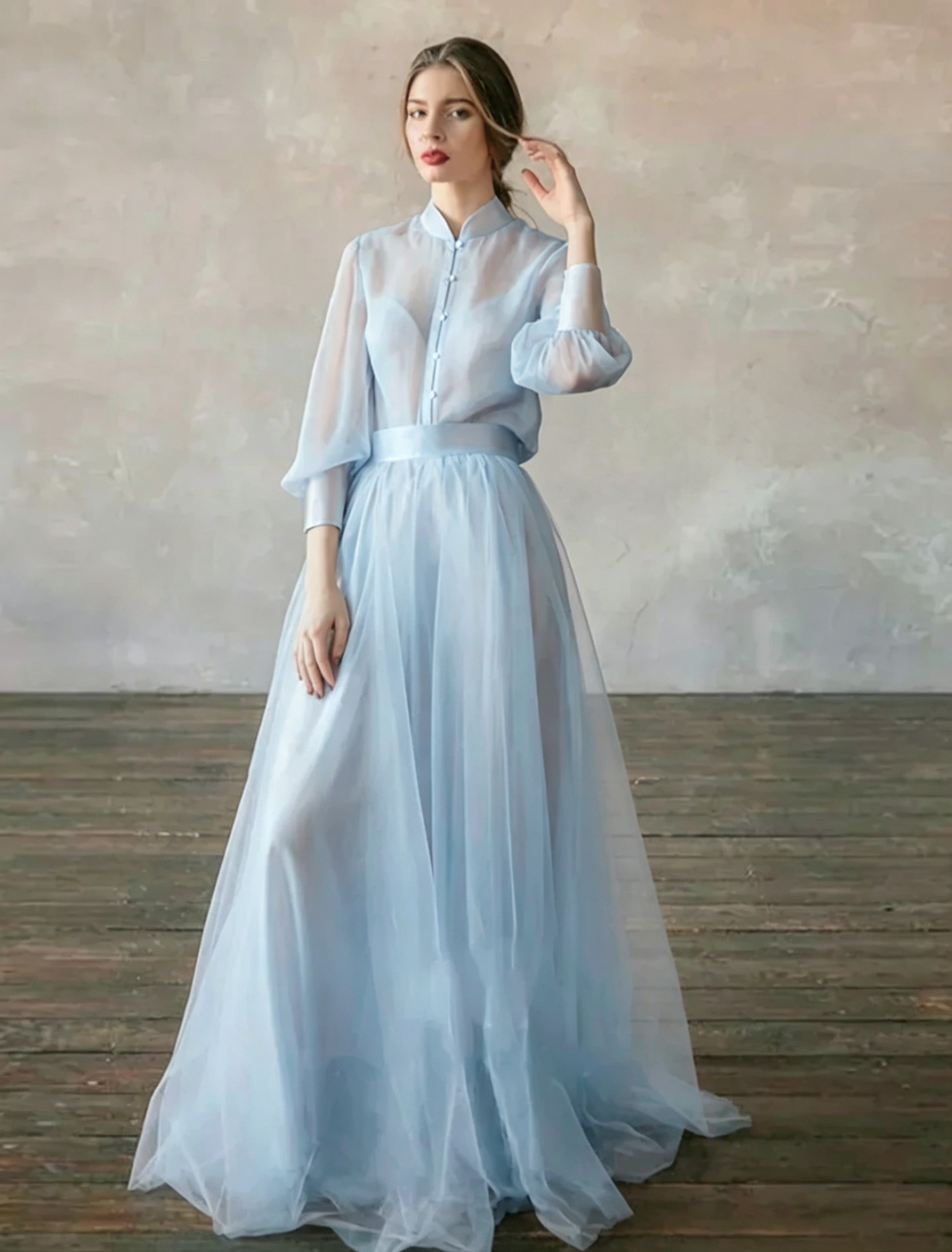 Cocoslly High Neck Long Sleeves High Waist Long Prom Dress | Blushing Pink Tulle LR0409
