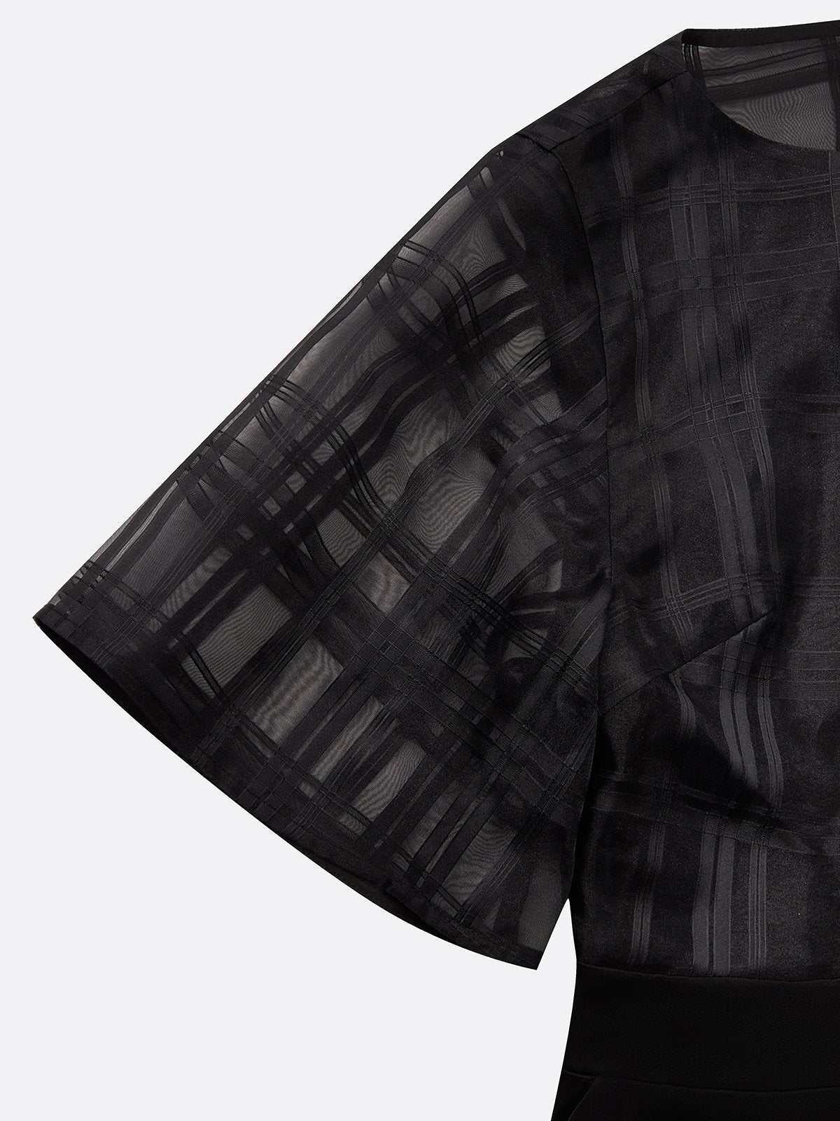Black Organza Plaid Classic Boat Neck Half Sleeve Dolman Sleeve Sheath Midi Dress
