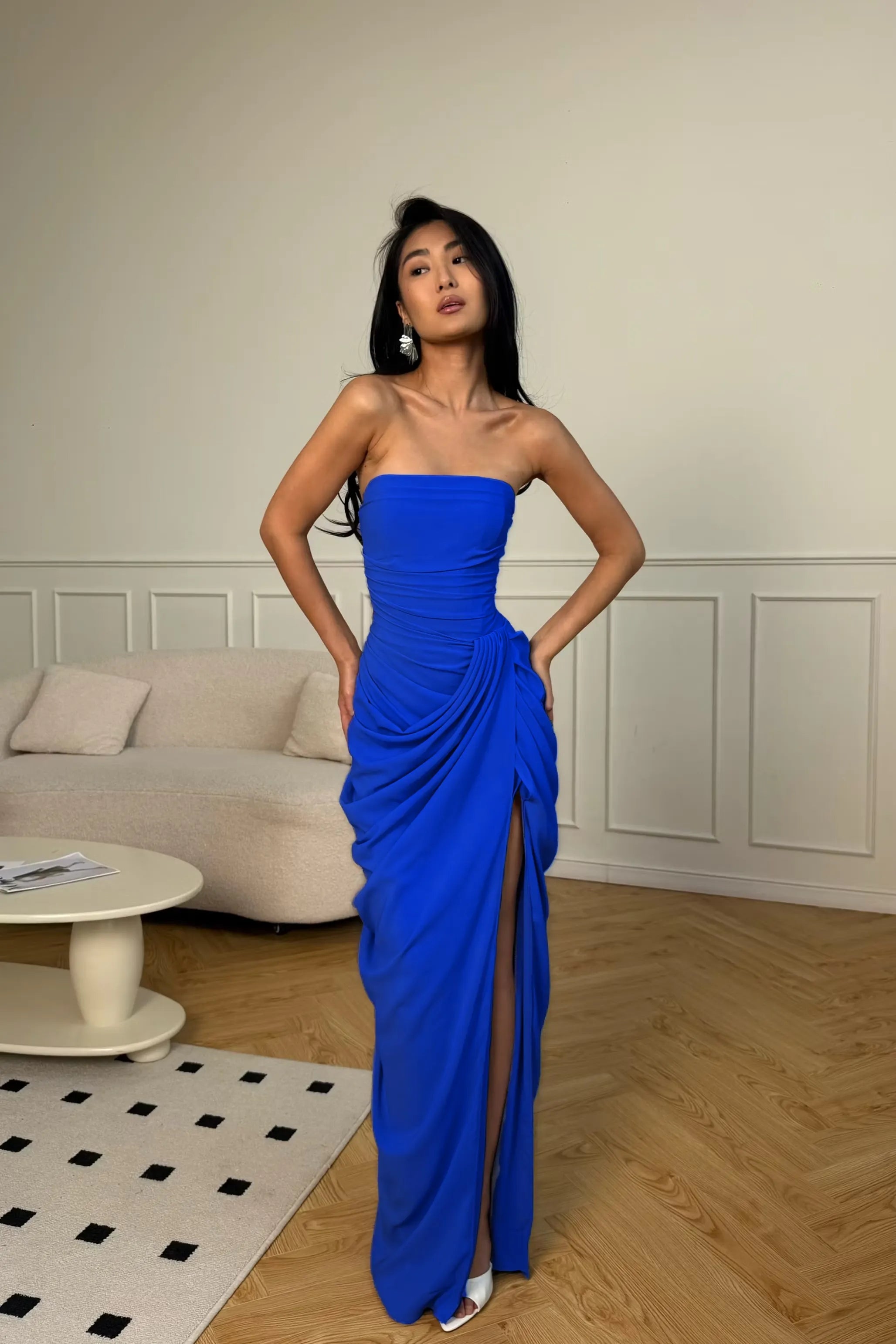 Cocoslly Strapless Sleeveless High Waist Long Prom Dress With Split And Pleated | Ice Blue Satin YC0566