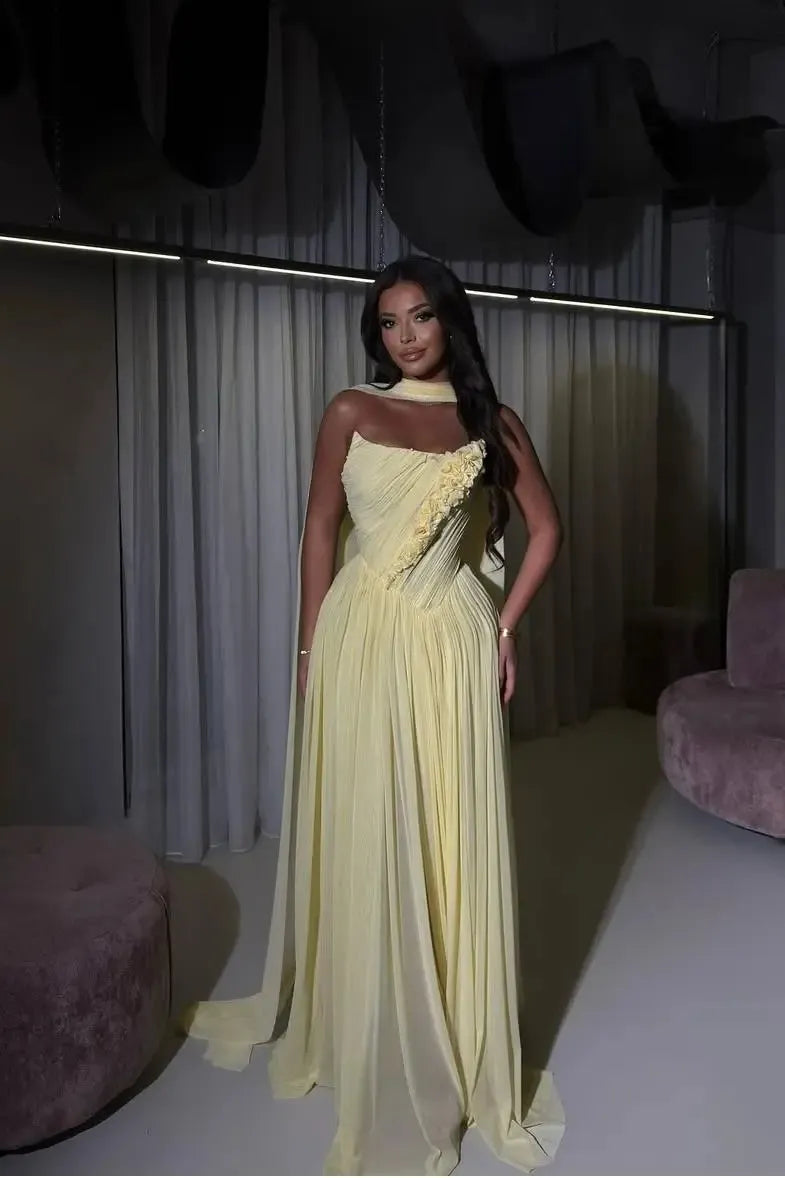Cocoslly Strapless Sleeveless High Waist Long Prom Dress With Appliques And Scarf | Daffodil Chiffon YQ0072