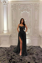 Straps Sleeveless Long Split Prom Dress With Pleated Appliques WQ0227