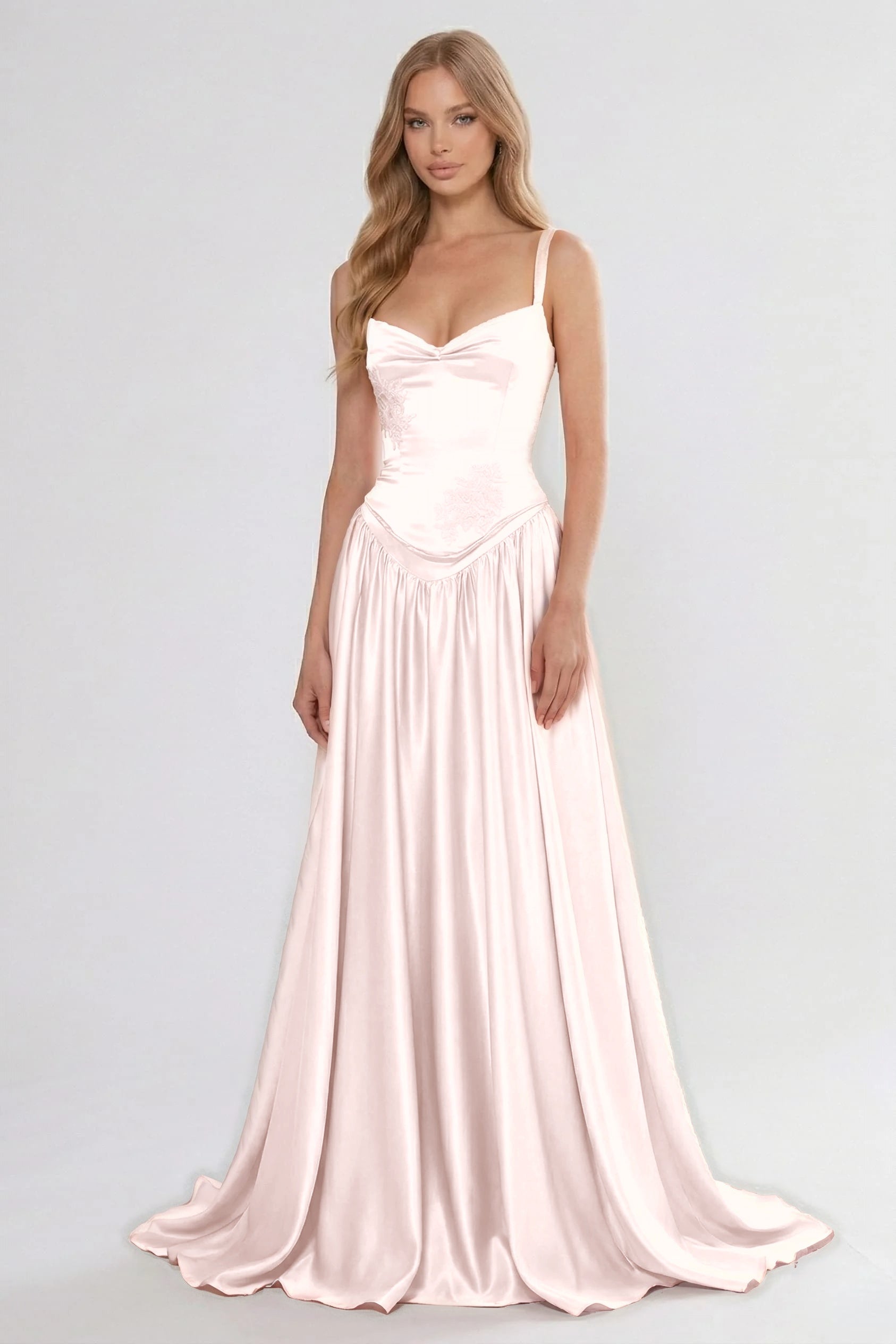 Cocoslly Spaghetti Straps Sleeveless High Waist Long Prom Dress With Appliques | Pink Satin