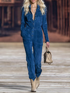 Vintage-style Western Blue Collared Faux-suede Long-sleeve Jumpsuit
