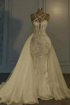 Cocoslly Halter Sleeveless Long Mermaid Prom Dress With Sequins Beadings And Tulle Ruffle | Ivory Tulle YL0335