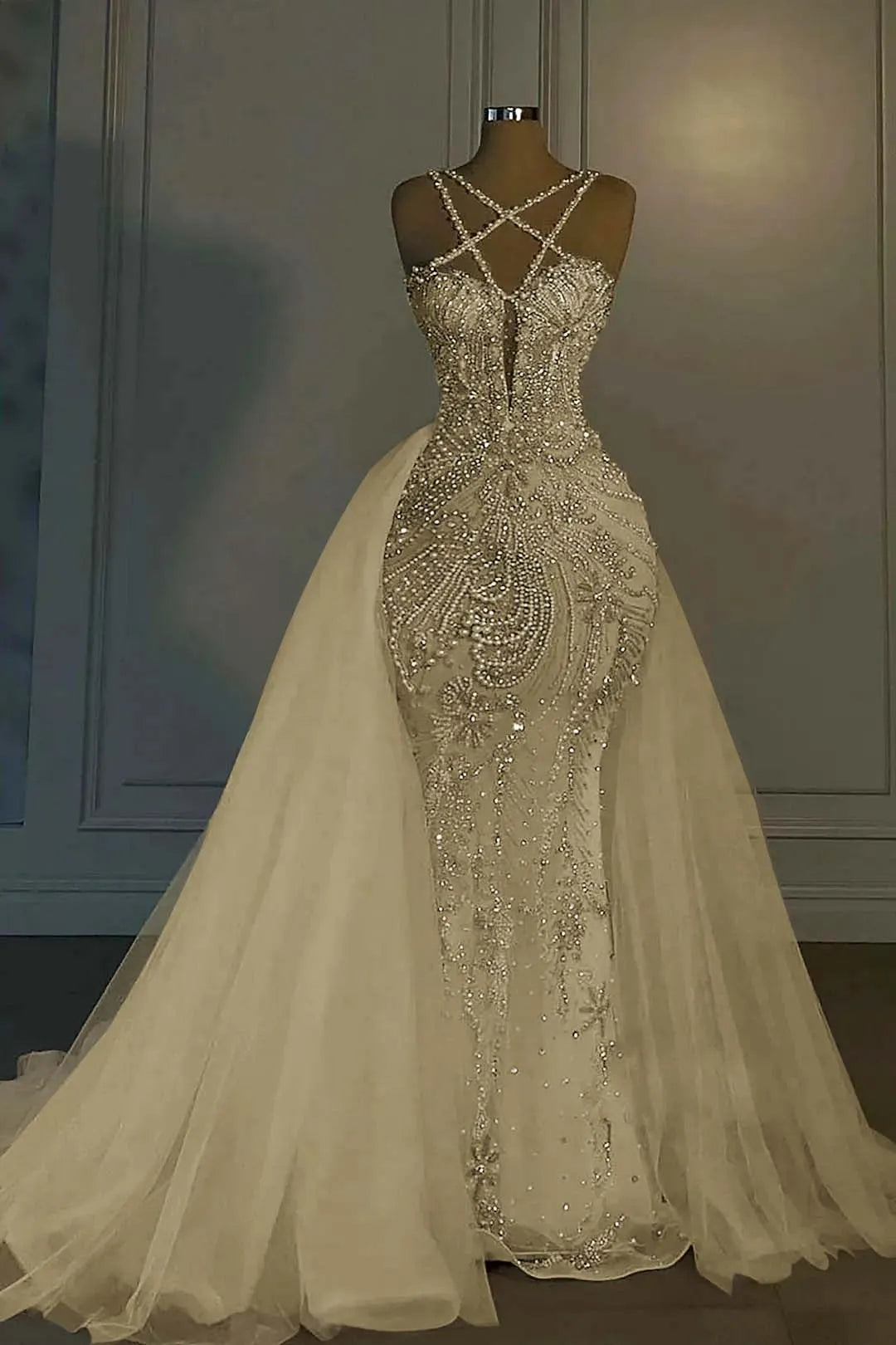 Cocoslly Halter Sleeveless Long Mermaid Prom Dress With Sequins Beadings And Tulle Ruffle | Ivory Tulle YL0335