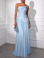 Light Blue Ruched Classic Strapless Sleeveless A-Line Gown Dress