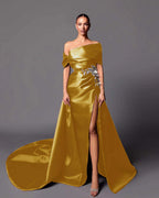 Satin Asymmetric Off-The-Shoulder Sleeveless Long Pleated Mermaid Prom Dress With Appliqués And Split YK0598