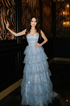 Cocoslly Strapless Sleeveless High Waist Long Prom Dress With Ruffles And Sequins | Sky Blue Tulle YC0474