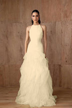 Cocoslly Halter Sleeveless High Waist Long Prom Dress With Ruffles | Daffodil Tulle YC0478