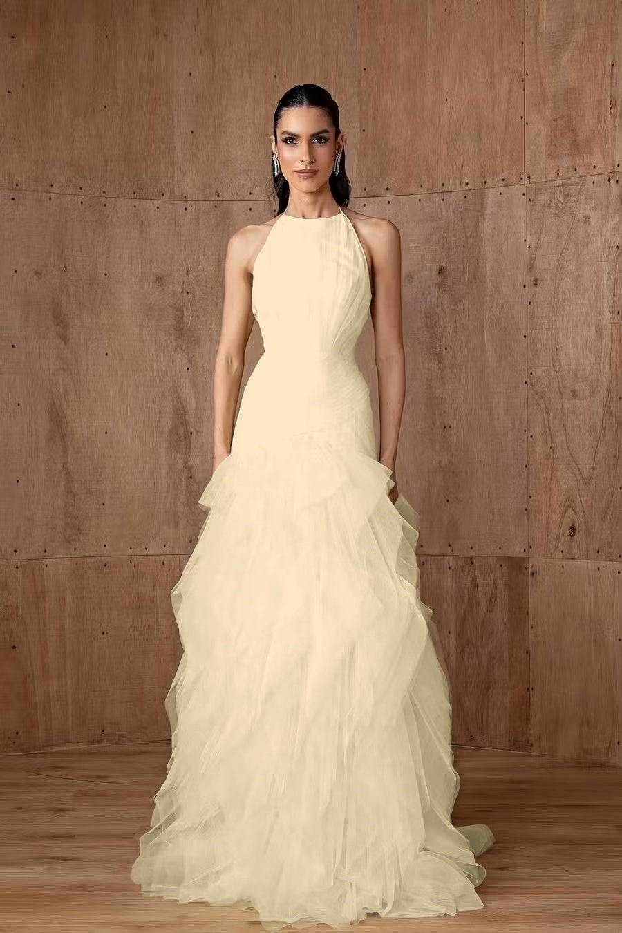 Cocoslly Halter Sleeveless High Waist Long Prom Dress With Ruffles | Daffodil Tulle YC0478