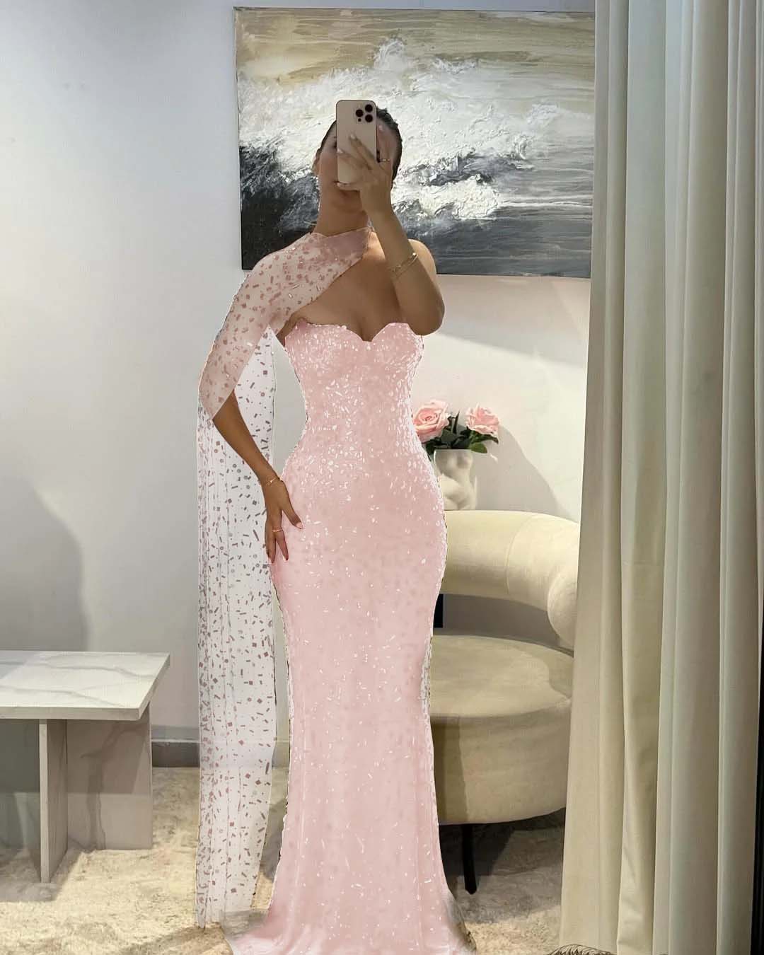 Tulle V-Neck Strapless Sleeveless Long Mermaid Prom Dress With Sequins And Ruffles YK0184