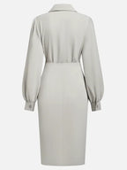 Women Light Gray Ruched Shirt Collar Long Sleeve Dressy Top With Skirt Two-Piece Set