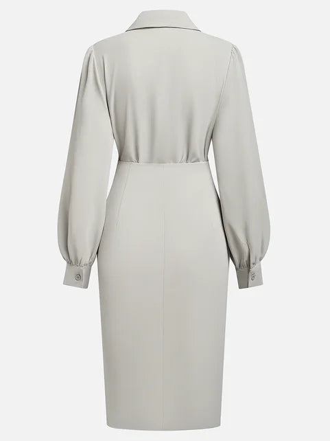 Women Light Gray Ruched Shirt Collar Long Sleeve Dressy Top With Skirt Two-Piece Set