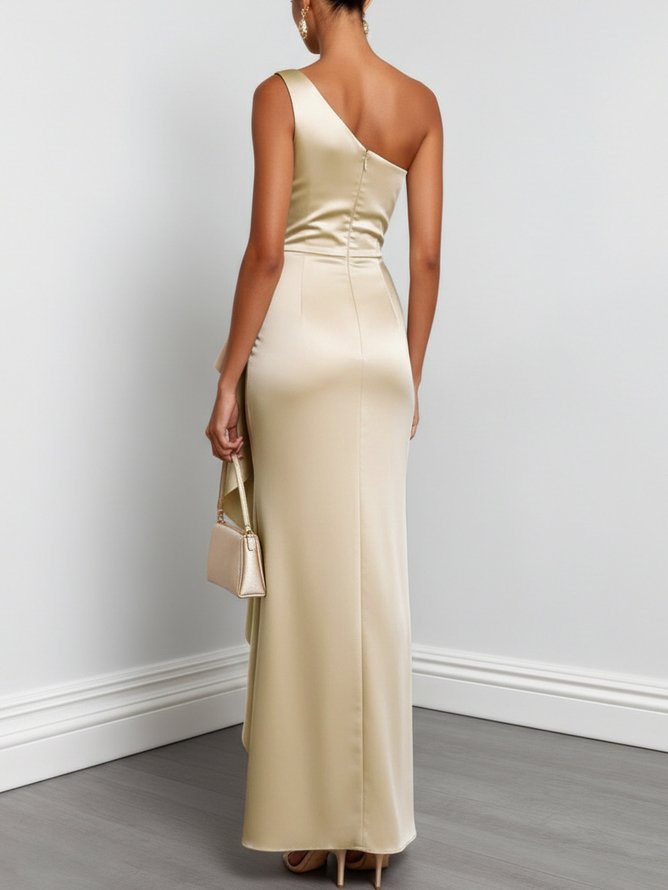 Champagne Ruffled Ruched Satin One Shoulder Sleeveless Sheath Floor-length Gown Dress