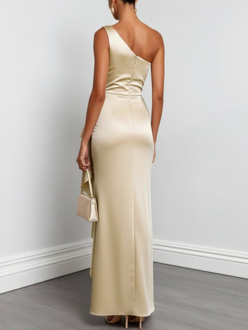 Champagne Ruffled Ruched Satin One Shoulder Sleeveless Sheath Floor-length Gown Dress