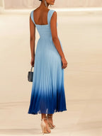 Light Blue Ombre Pleated Chiffon Square Neck Sleeveless A-Line Midi Dress