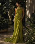 Cocoslly One Shoulder Sleeveless High Waist Long Prom Dress With Rhinstone | Green Chiffon LX0087