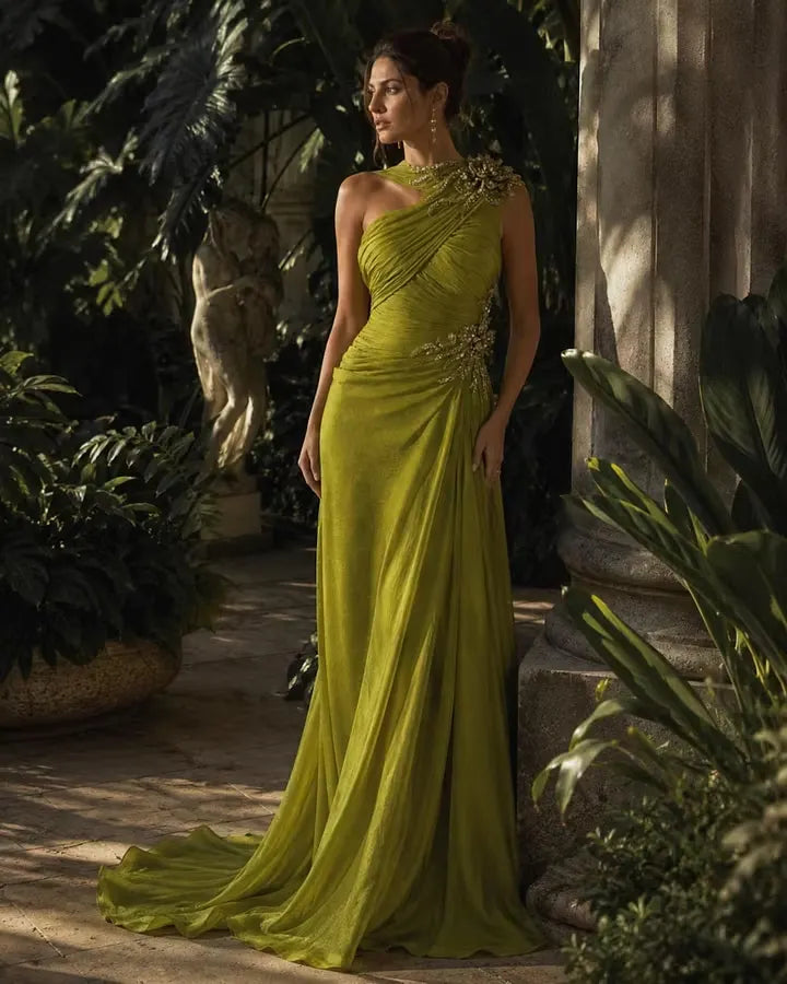Cocoslly One Shoulder Sleeveless High Waist Long Prom Dress With Rhinstone | Green Chiffon LX0087