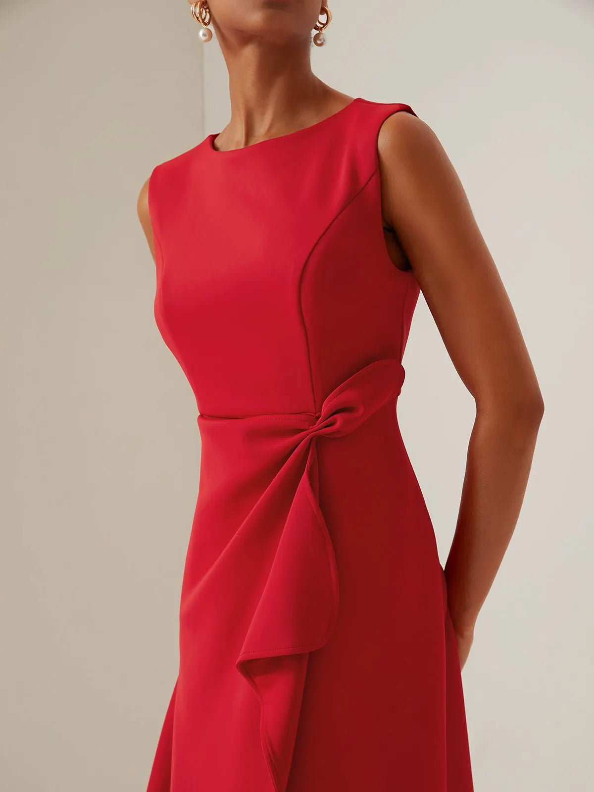 Red Sleeveless Midi Elegant A-line Dress with Waist Twist for Day-to-Night