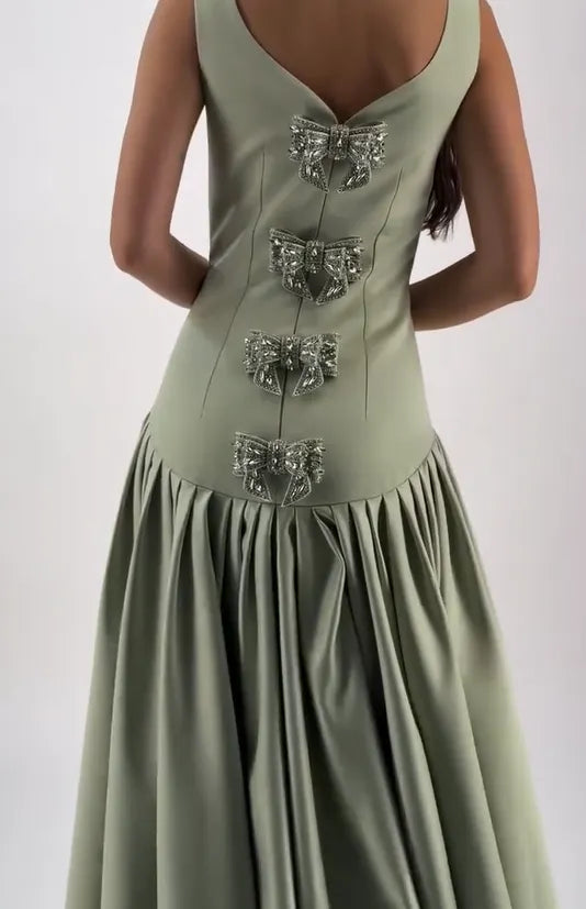 Cocoslly Wide Straps Square Neck Sleeveless High Waist Long Prom Dress | Dusty Green Satin CO0202